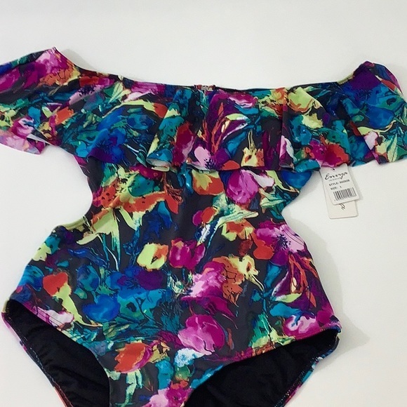 Envya swimwear off the shoulder ruffle one piece multi color swimsuit size L NWT - Picture 15 of 16